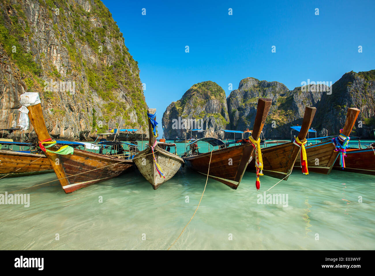 Longtail boats in Maya Bay, Koh Phi Phi Leh, Krabi, Thailand Stock Photo