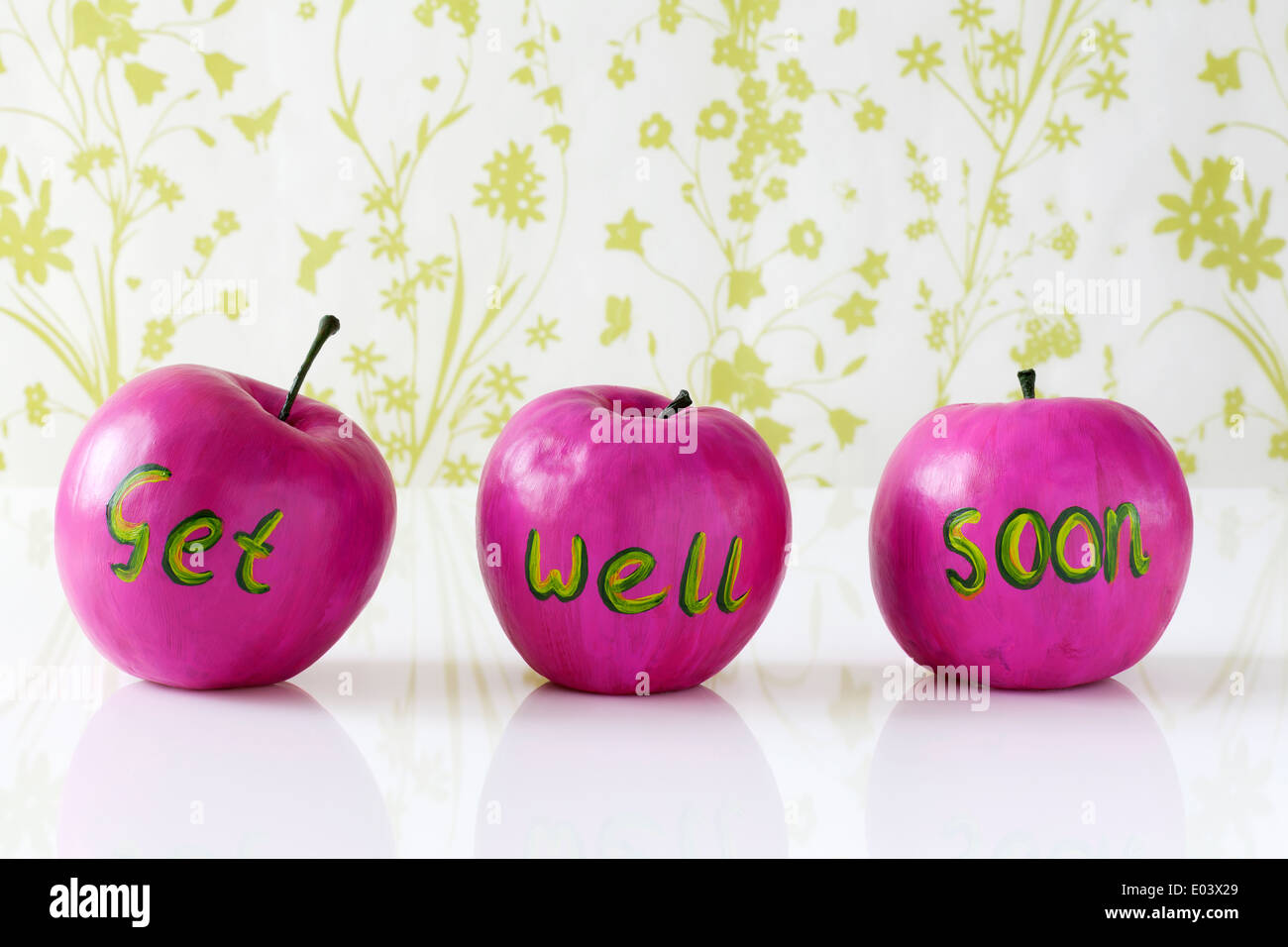 Get well soon card with hand painted pink apples Stock Photo