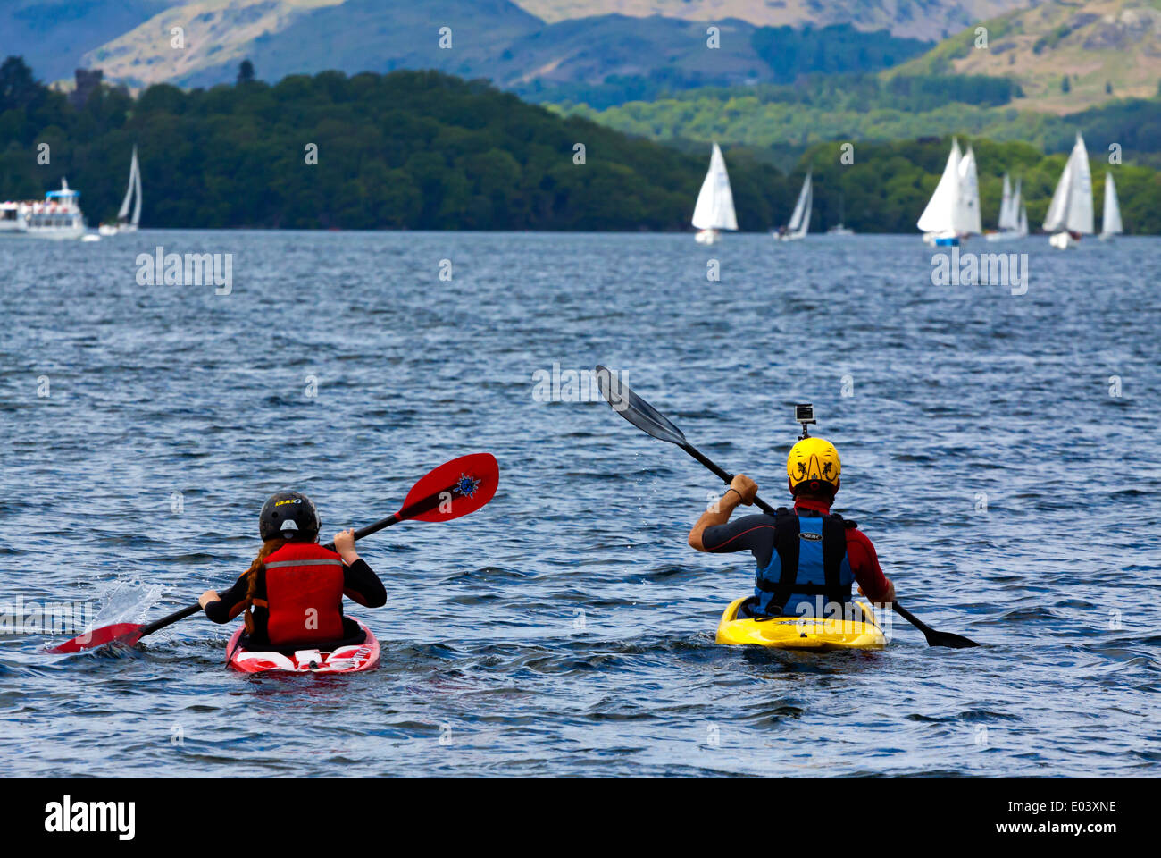 Two people kayaking on Lake Windermere in the Lake District National