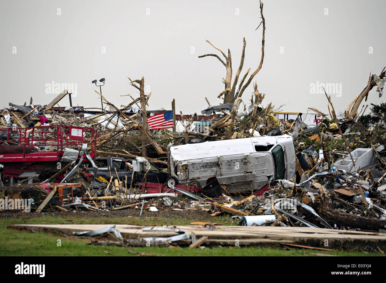 Aftermath of a massive tornado that swept swept across the southern states killing 35 people April 28, 2014 in Vilonia, Arkansas. Stock Photo