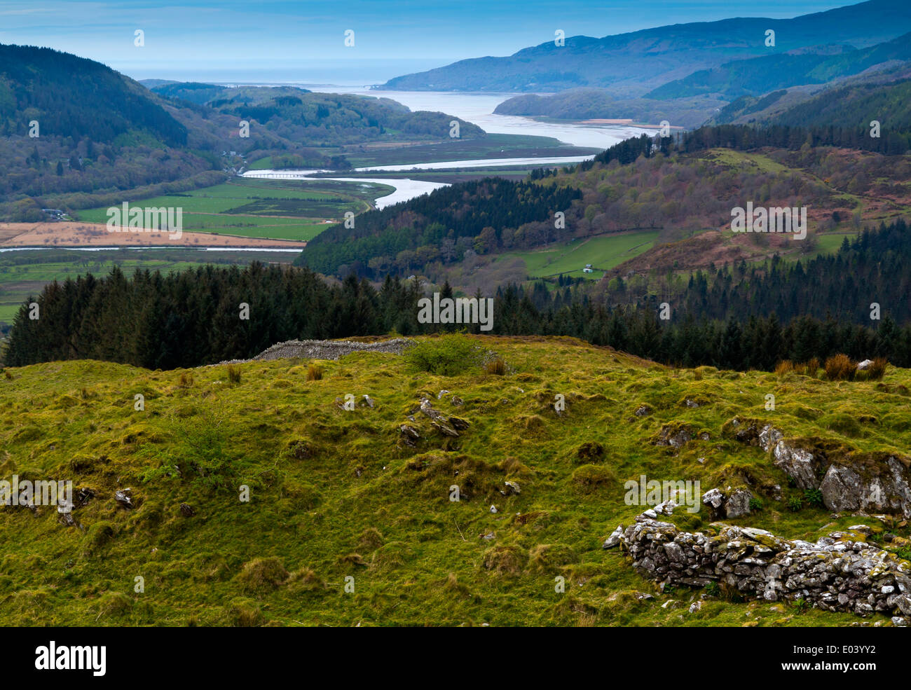 View looking down on the Mawddach Estuary, Barmouth, Gwynedd, North Wales, UK from the nearby Precipice Walk Stock Photo