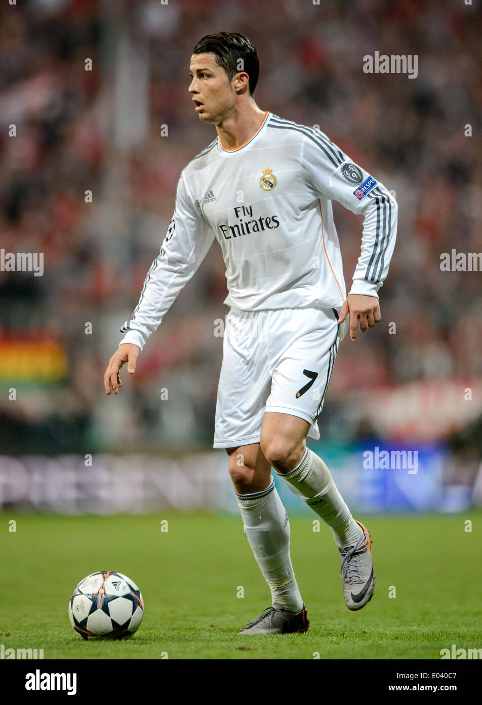 Munich, Germany. 29th Apr, 2014. Madrid's Cristiano Ronaldo plays the ball  during the Champions League semifinal second leg match between Bayern  Munich and Real Madrid at Allianz Arena in Munich, Germany, 29