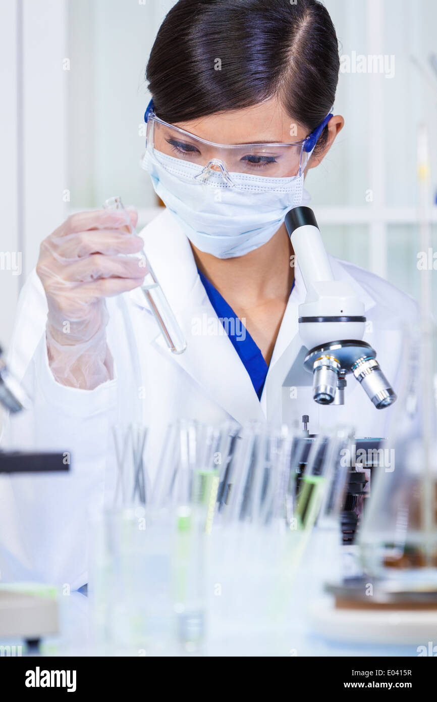 A Chinese Asian female medical or scientific researcher or doctor with test tube & using a microscope in a laboratory Stock Photo