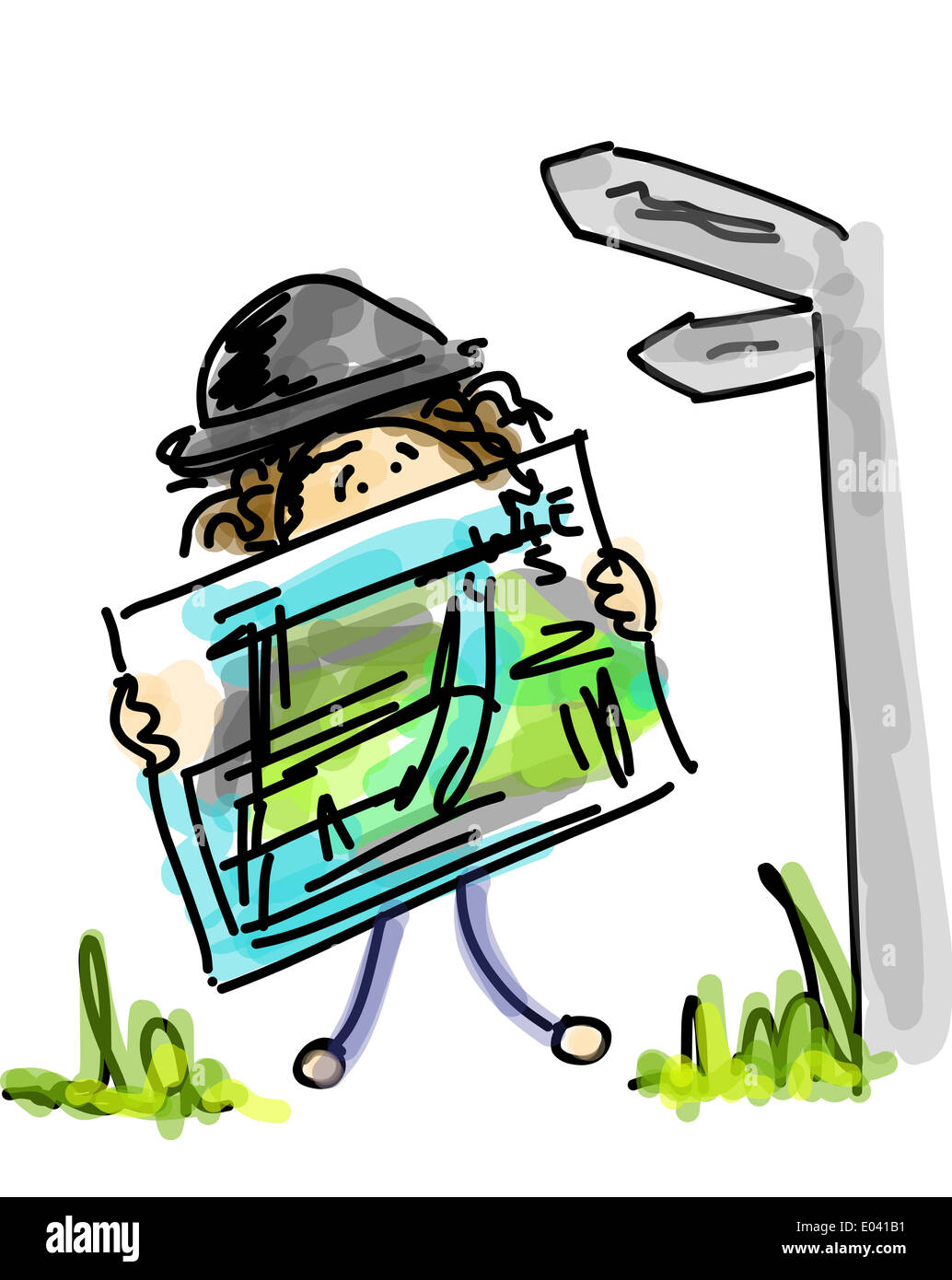Illustration of a man looking for directions on a map Stock Photo Alamy