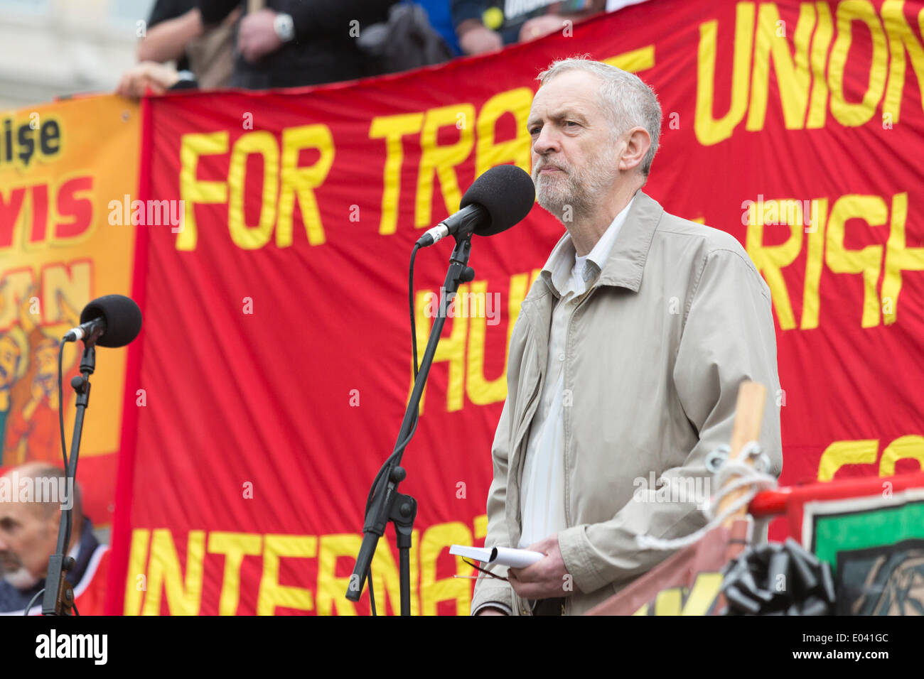 London, UK. 1 May 2014. Jeremy Corbyn MP revelas his Tony Benn memories. May Day Trade Union Rally in Trafalgar Square, London, UK. At this Rally the recently deceased Bob Crow, RMT General Secretary,  and Tony Benn, Labour politician were honoured. Credit:  Nick Savage/Alamy Live News Stock Photo