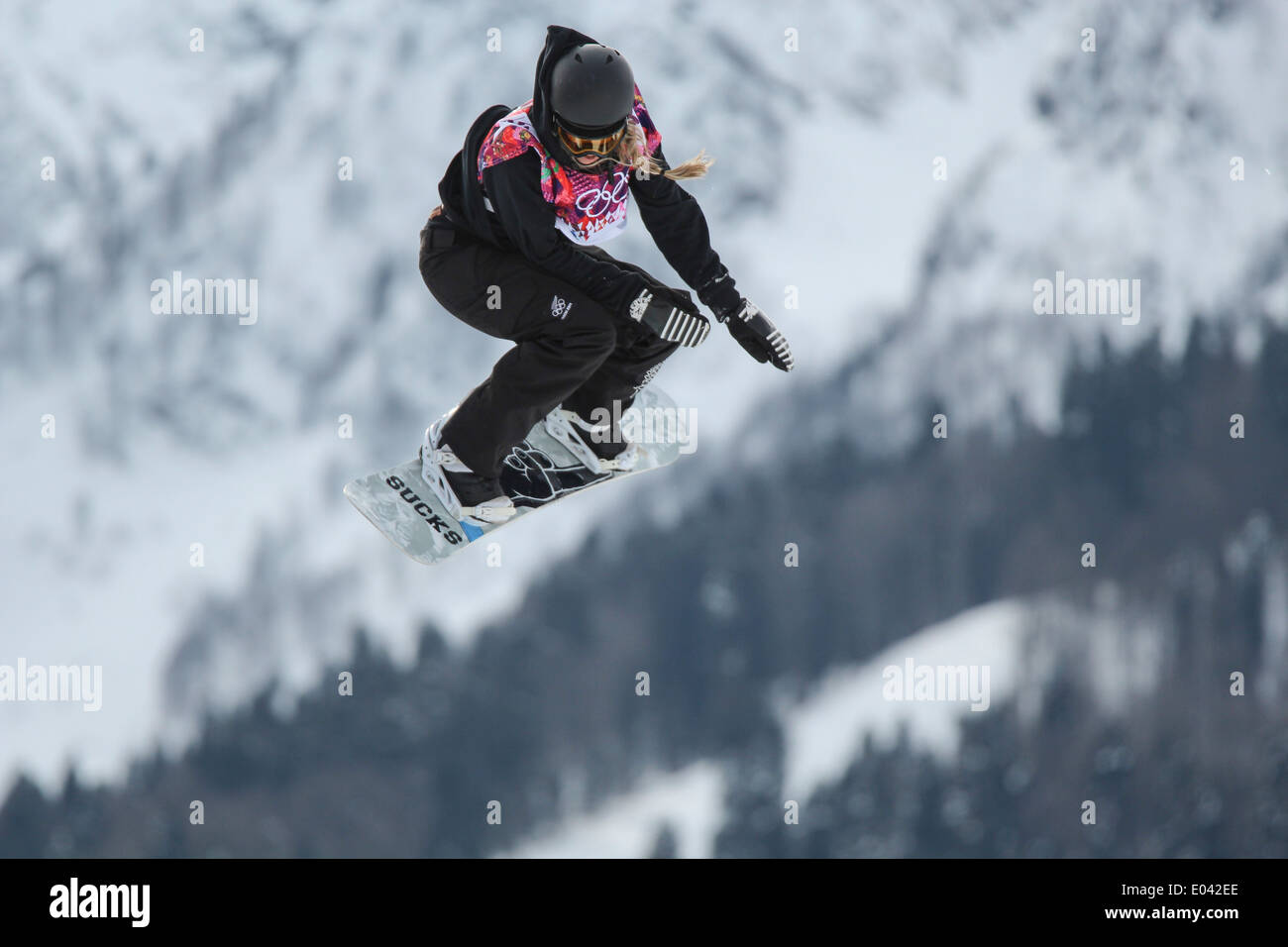 Rebecca Torr (NZL) competing in Women's Snowboard Slopestyle at the Olympic Winter Games, Sochi 2014 Stock Photo