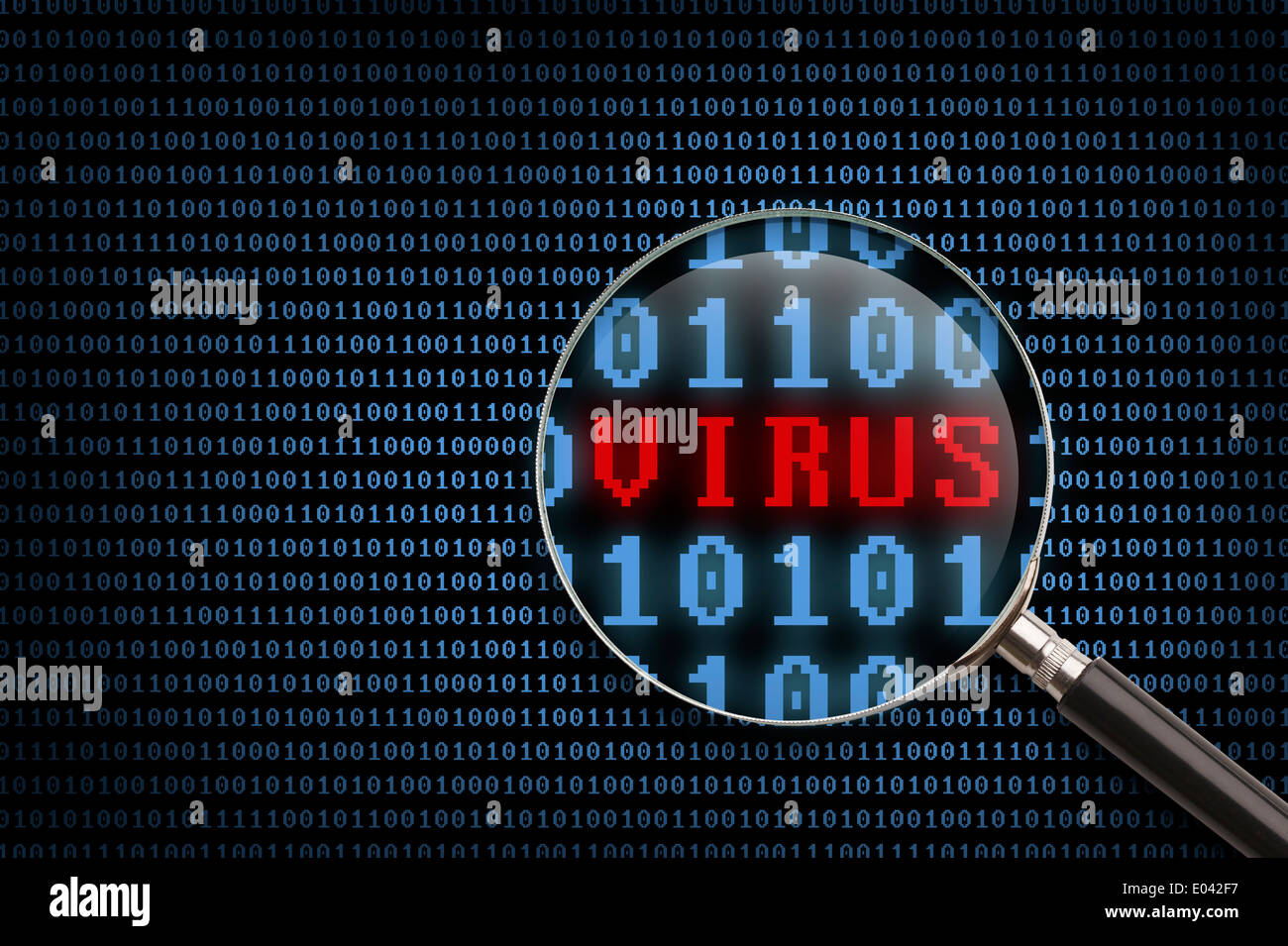 Magnifying Glass scanning and identifying a computer virus. Stock Photo