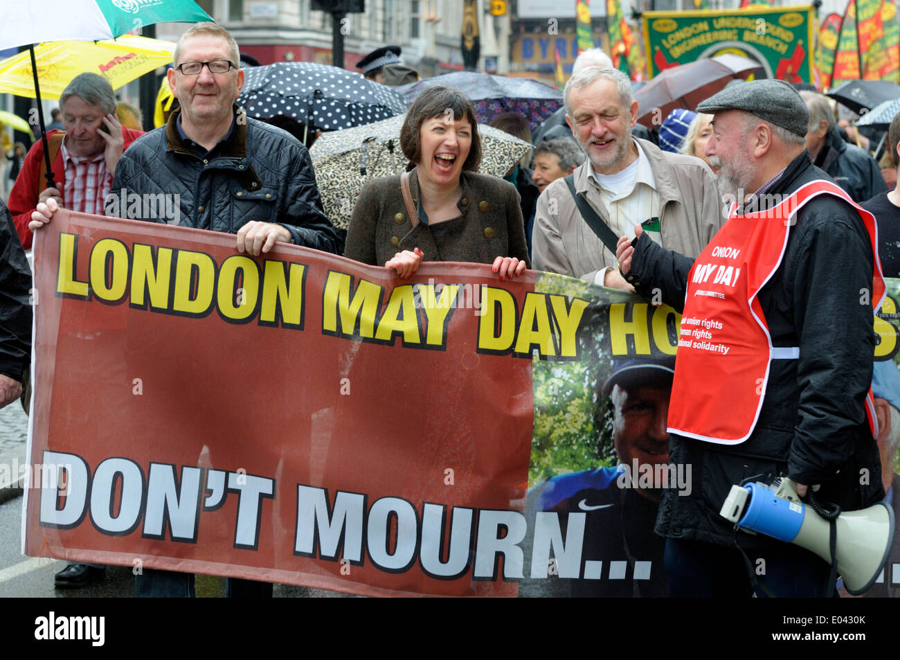 Trade Union March from Clerkenwell Green to Trafalgar Square. Len McCluskey (Gen Secretary, UNITE Union), Frances O'Grady (Gen Secretary, TUC) and Jeremy Corbyn MP on the march. London, UK. 1st May 2014. Stock Photo