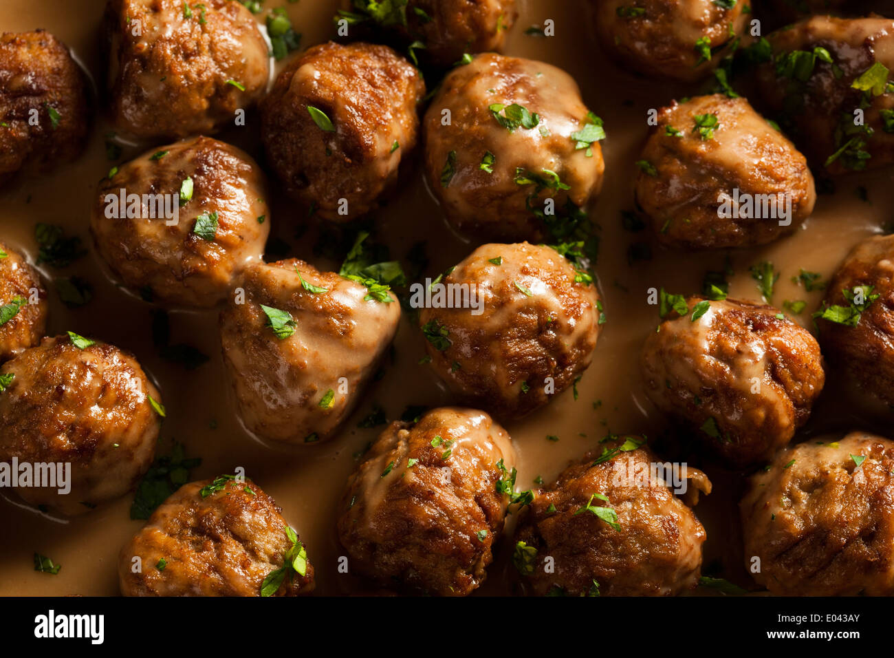 Homemade Swedish Meatballs with Cream Sauce and Parsley Stock Photo