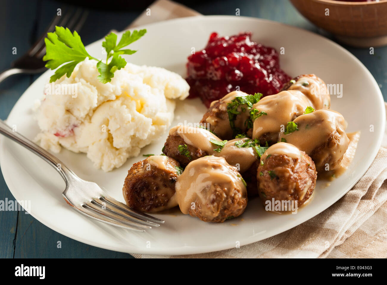 Homemade Swedish Meatballs with Cream Sauce and Parsley Stock Photo