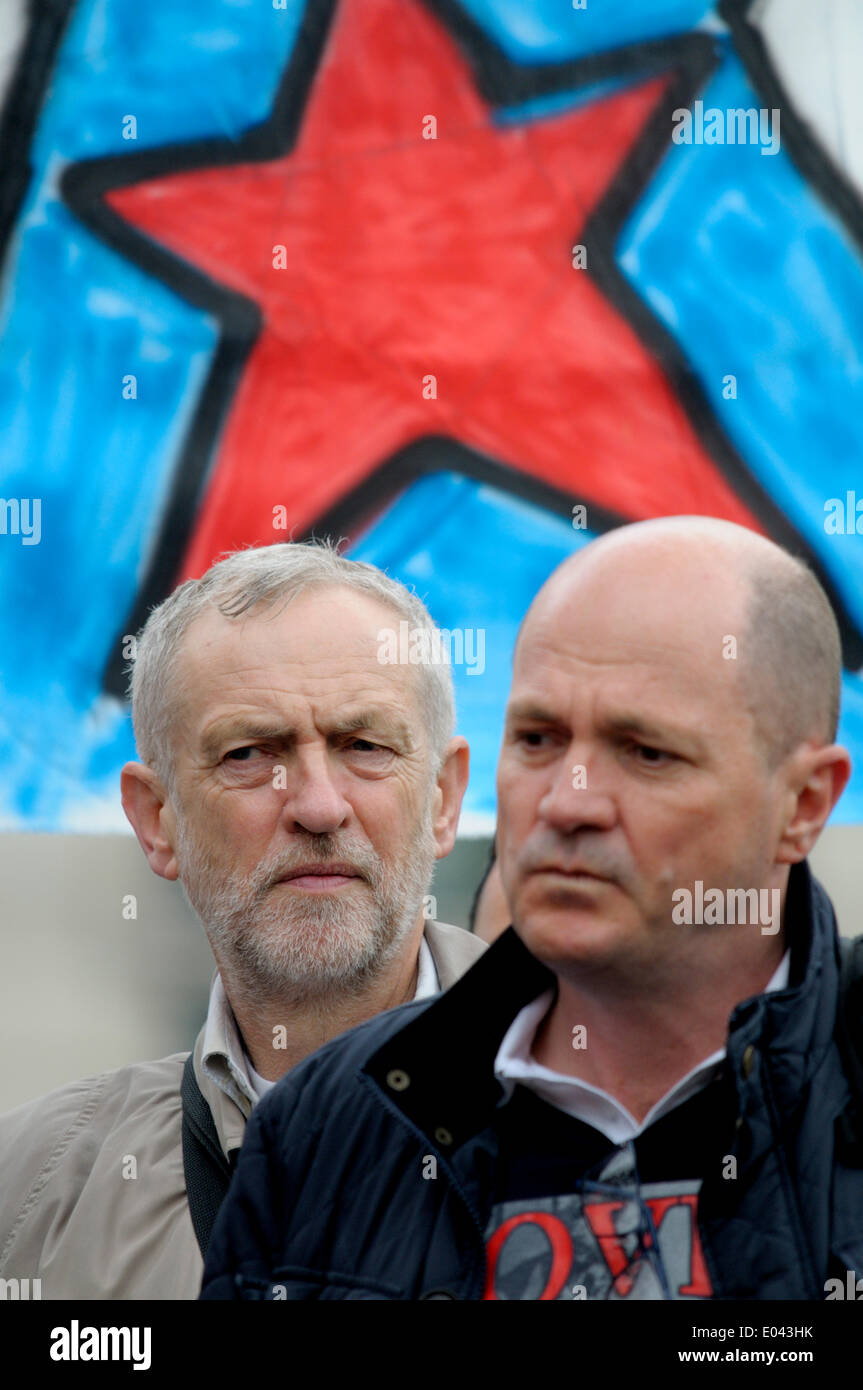 Jeremy Corbyn MP and a red star at the May Day Rally in Trafalgar Square, May 1st 2014 Stock Photo