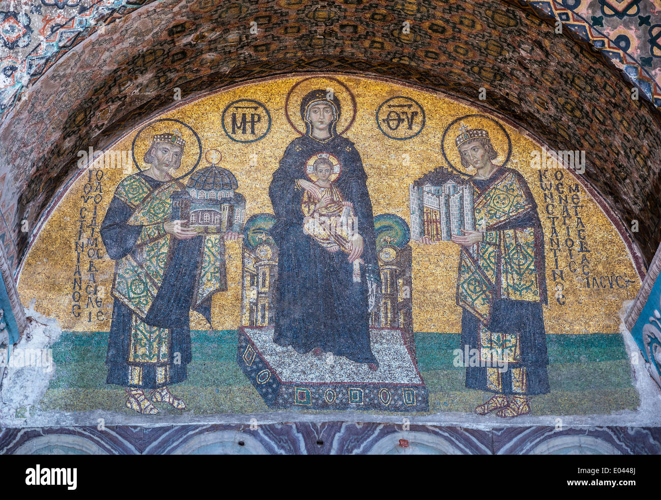 10th cn Mosaic of the Virgin and child flanked by Emperors Justinian and Constantine Hagia Sophia, Sultanahmet, Istanbul, Turkey Stock Photo