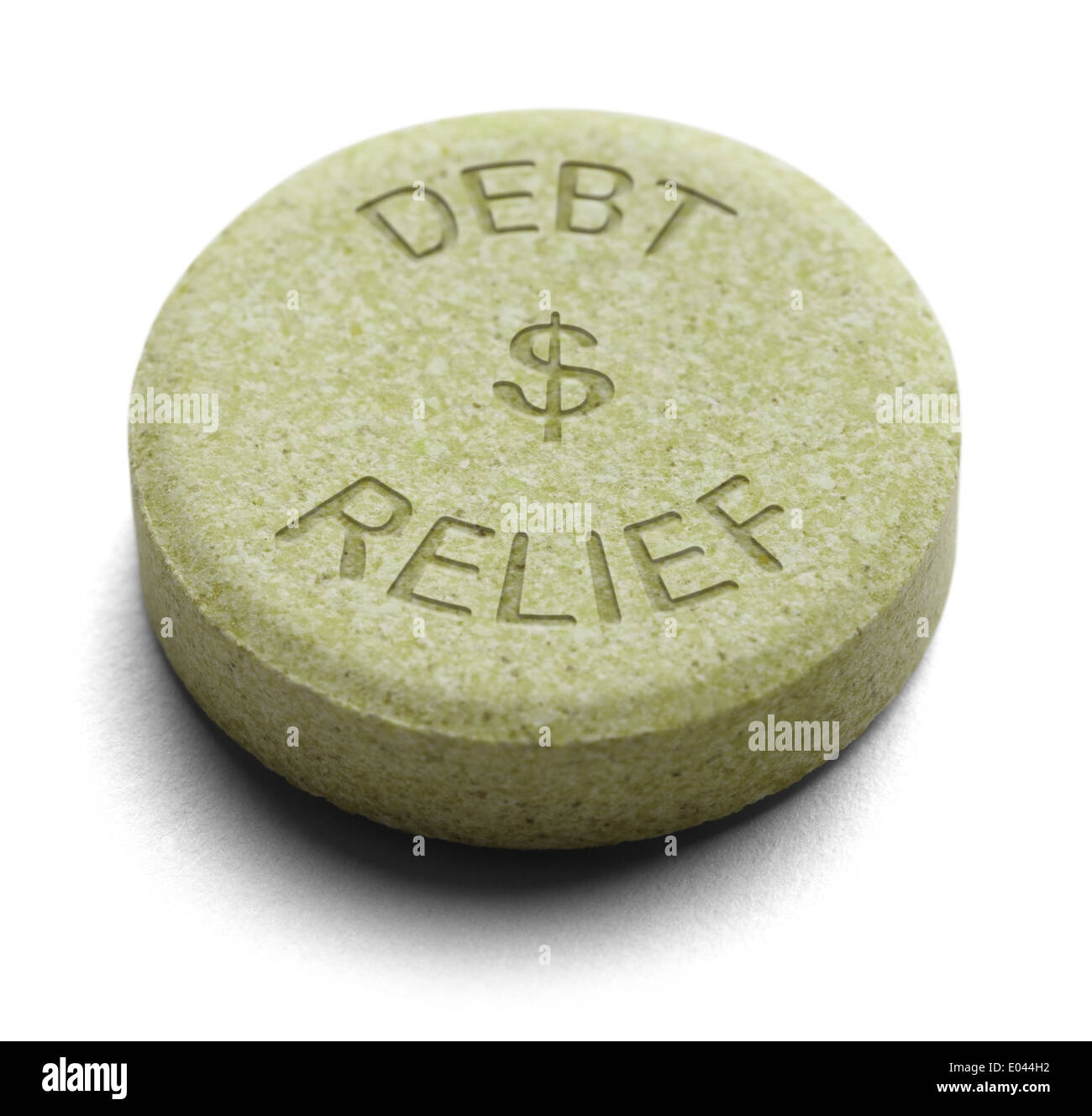 Green Relief Medicine for Debt isolated on a White Background. Stock Photo