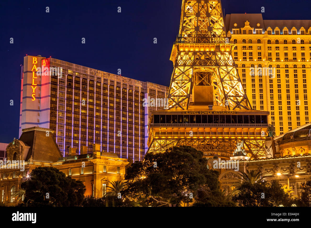Eiffel Tower replica and Ballys hotel and casino at night-Las Vegas, Nevada, USA. Stock Photo