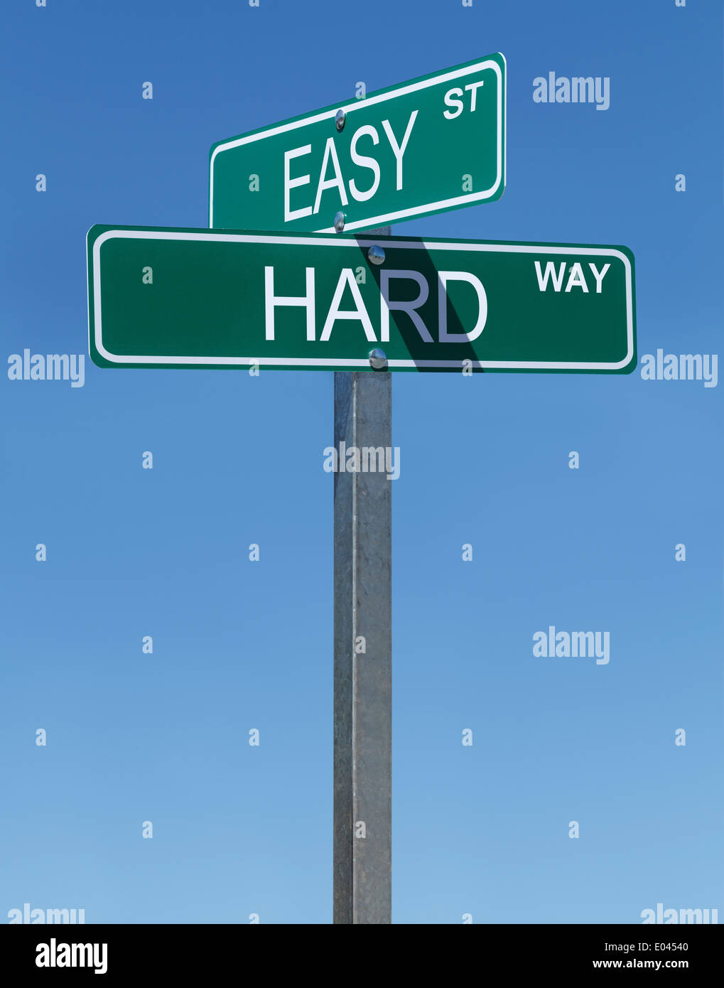 Two Green Street Signs Easy Street and Hard Way with Blue Sky Background. Stock Photo