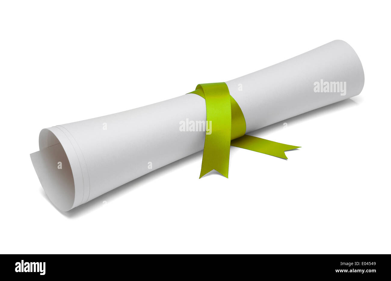 Diploma tied with green ribbon on a white isolated background. Stock Photo