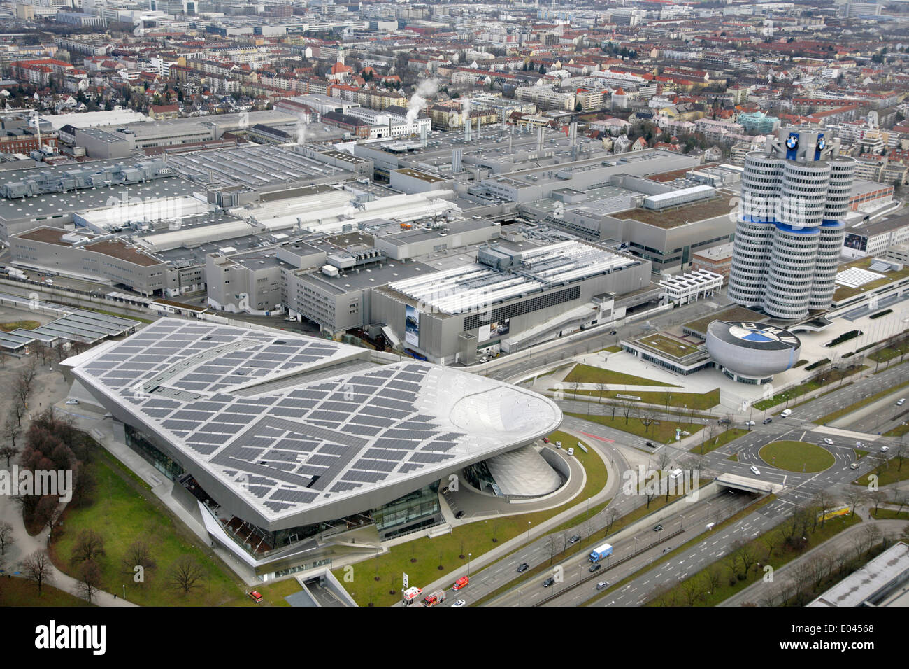 BMW-Welt or BMW World, Munich, Germany, with the BMW factory and HQ behind. Stock Photo