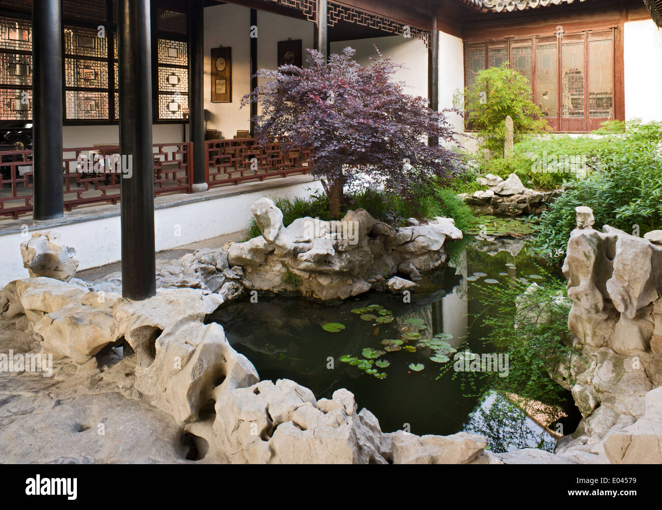 Courtyard garden of the old Suzhou Museum, a former palace. Stock Photo