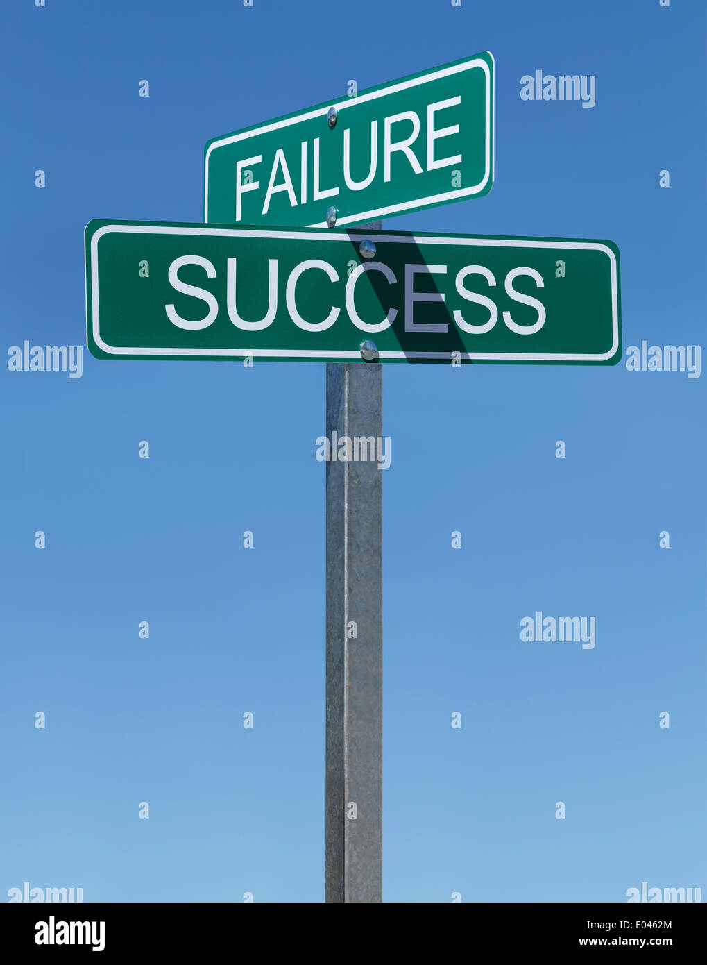 Two Green Street Signs Failure and Success on Metal Pole with Blue Sky Background. Stock Photo