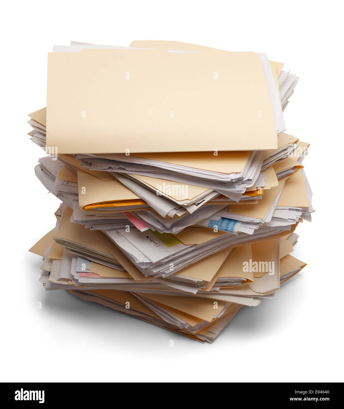 Files stacking up in a messy order isolated on white background. Stock Photo