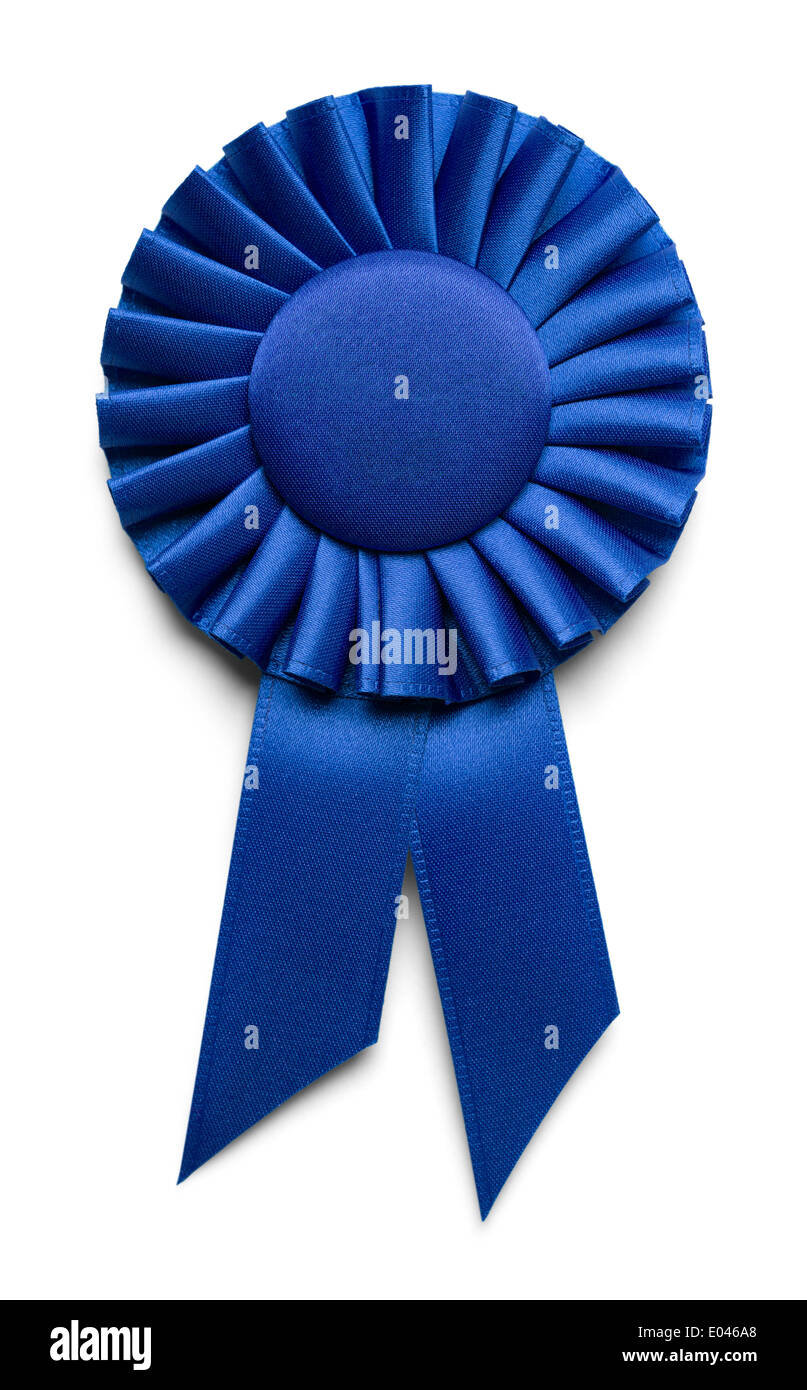 Blue Fabric Award Ribbon with Copy Space Isolated on White Background. Stock Photo
