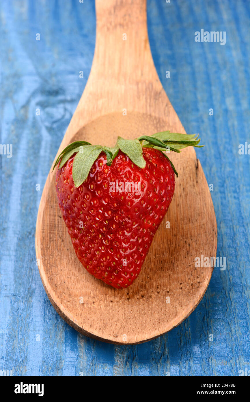 Closeup of a fresh picked strawberry on a wooden spoon laying on a rustic painted farmhouse style kitchen table. Stock Photo
