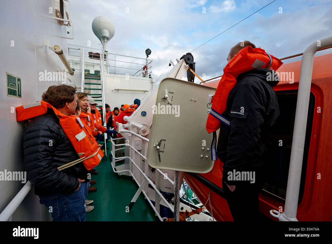 passengers taking part in a lifeboat drill on board ship Stock Photo