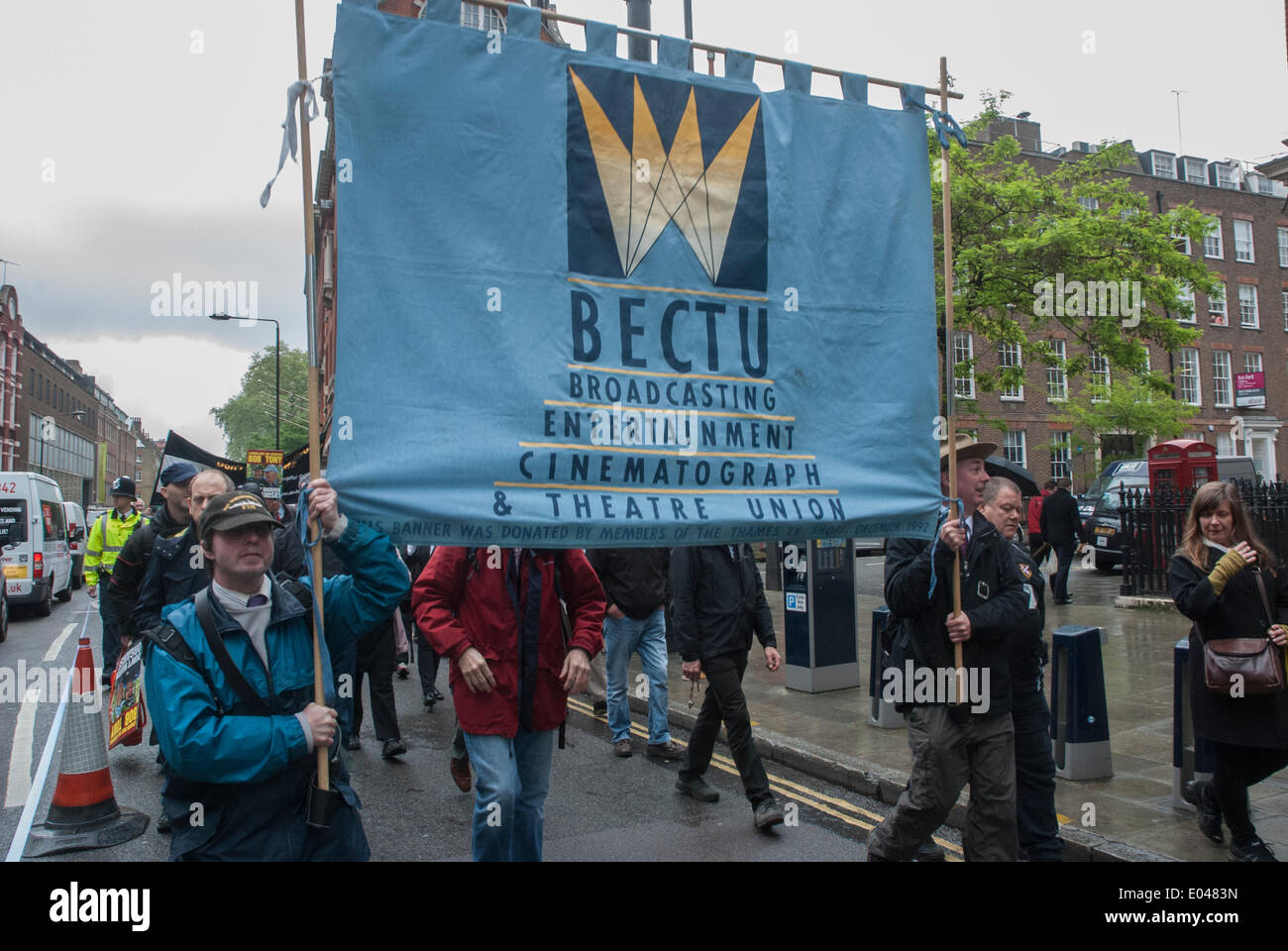 London, UK. 01st May, 2014. Supporters of the Broadcasting, Entertainment, Cinematograph & Theatre Union (BECTU) during the May Day march in central London, UK. Credit:  Peter Manning/Alamy Live News Stock Photo