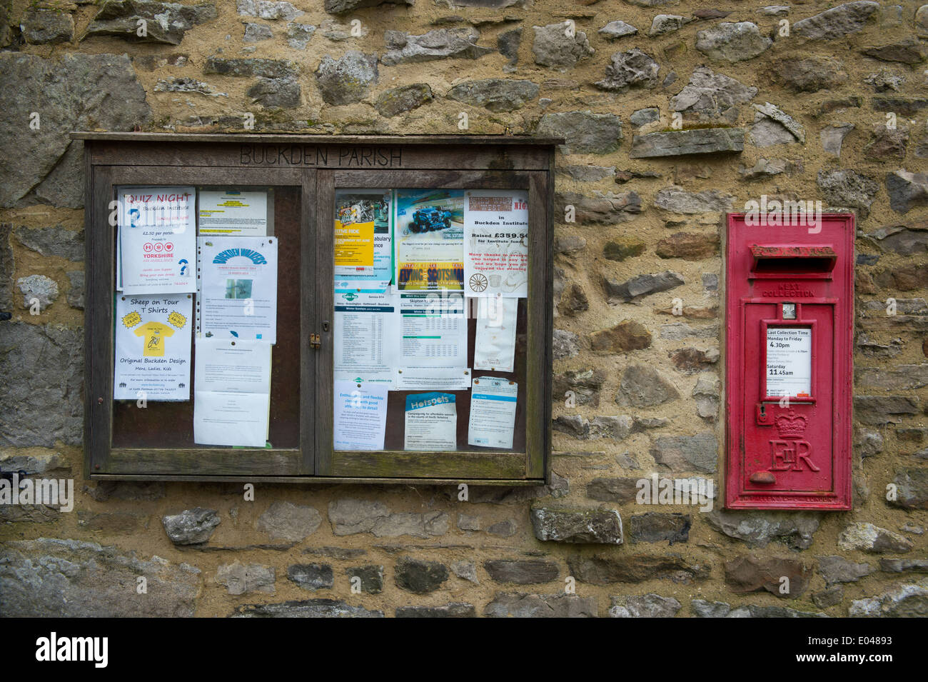 Amenities for residents - close-up of leaflets & notices pinned to Buckden Parish notice board by village post box - North Yorkshire, England, UK. Stock Photo