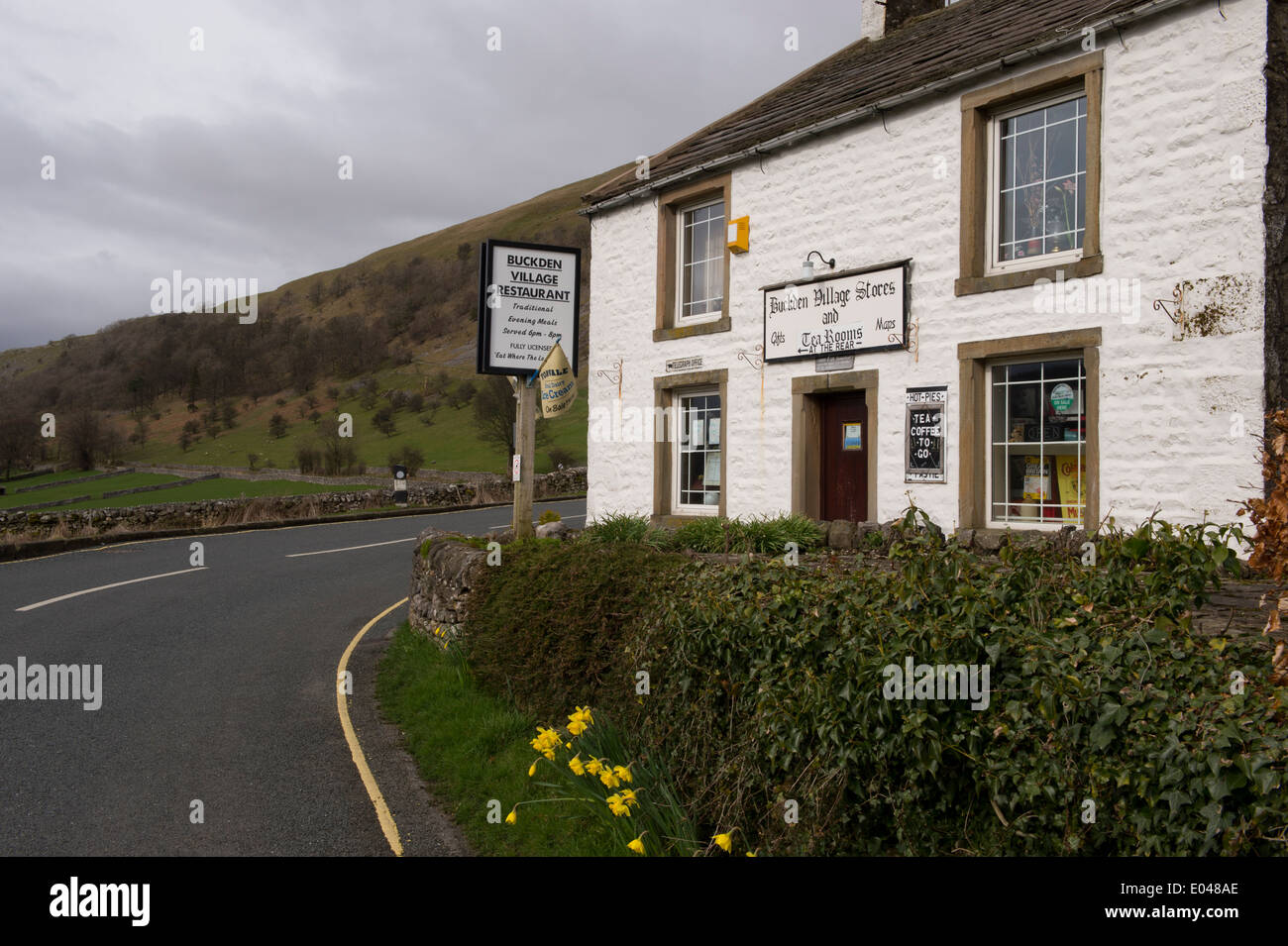 Buckden shop or store, restaurant & tea room, small business in attractive whitewashed building in quiet rural village - North Yorkshire, England, UK. Stock Photo