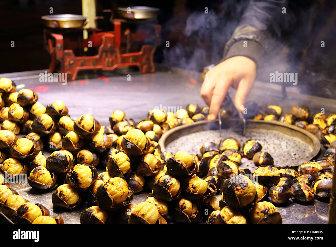Roasted Chestnut Vendor Closeup On The Street Stock Photo Alamy