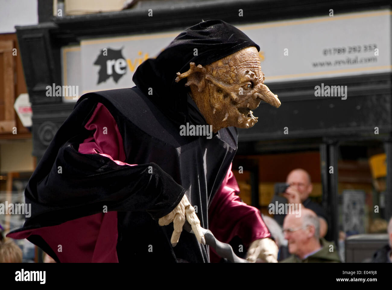 Costumed people as the witches from Macbeth, during William Shakespeare birthday celebrations. Stock Photo