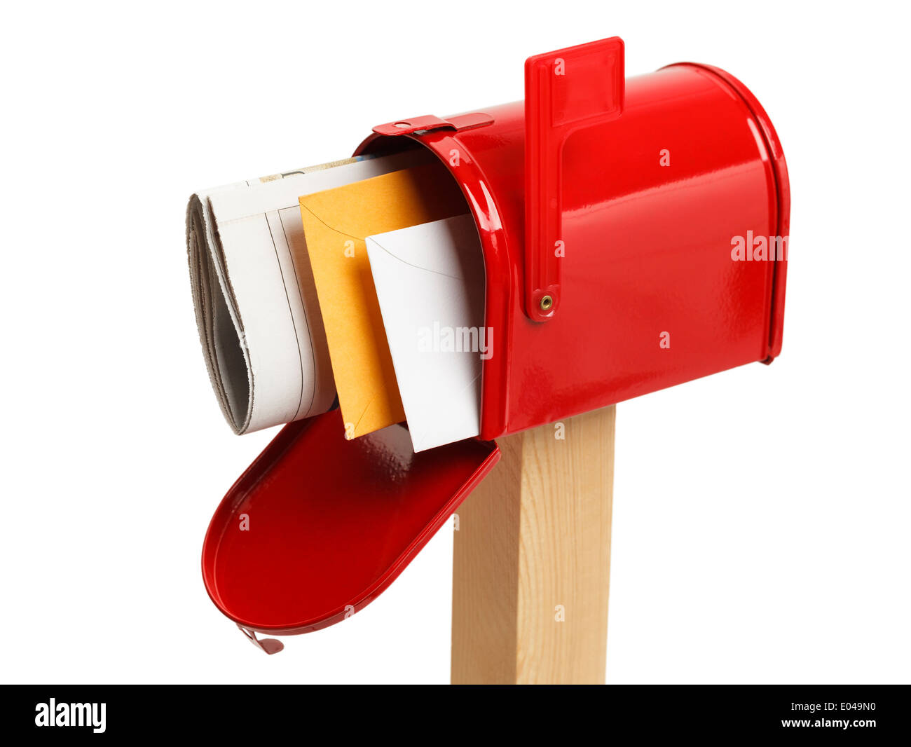 Red Mailbox with Mail Upper View Isolated on White Background. Stock Photo