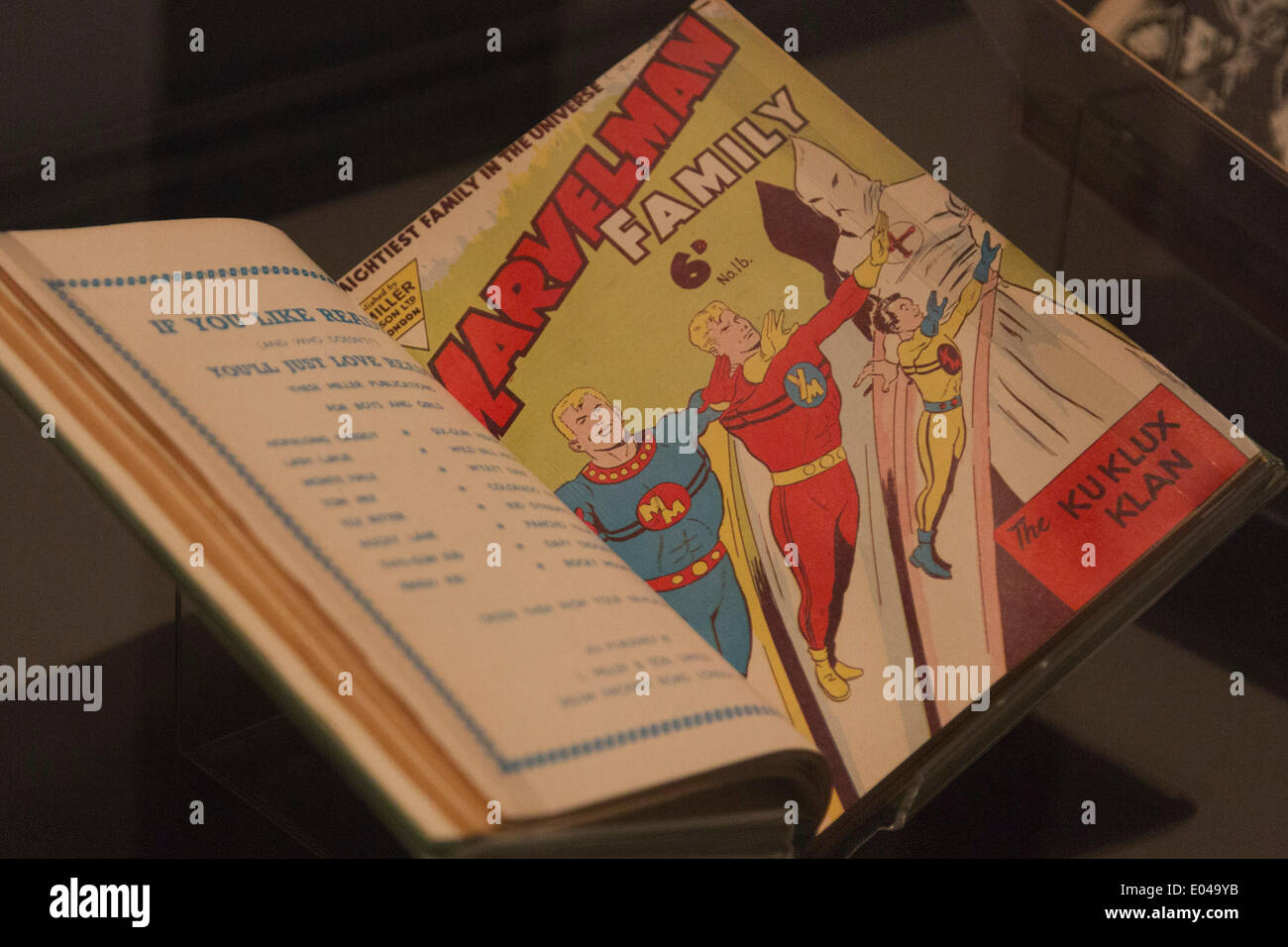 London, UK. 1 May 2014. A Marvelman comic. The exhibition Comics Unmasked: Art and Anarchy in the UK, opens at the British Library, London. Credit:  Nick Savage/Alamy Live News Stock Photo