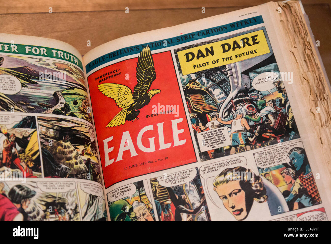 London, UK. 1 May 2014. Eagle compic with Dan Dare. The exhibition Comics Unmasked: Art and Anarchy in the UK, opens at the British Library, London. Credit:  Nick Savage/Alamy Live News Stock Photo