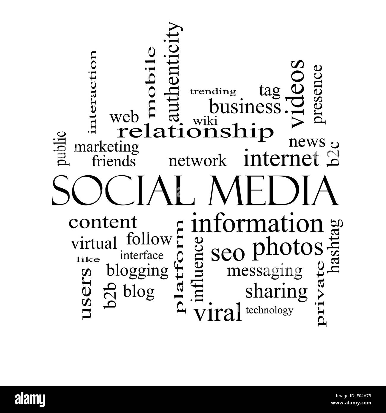 Social Media Word Cloud Concept in black and white with great terms such as network, follow, content and more. Stock Photo