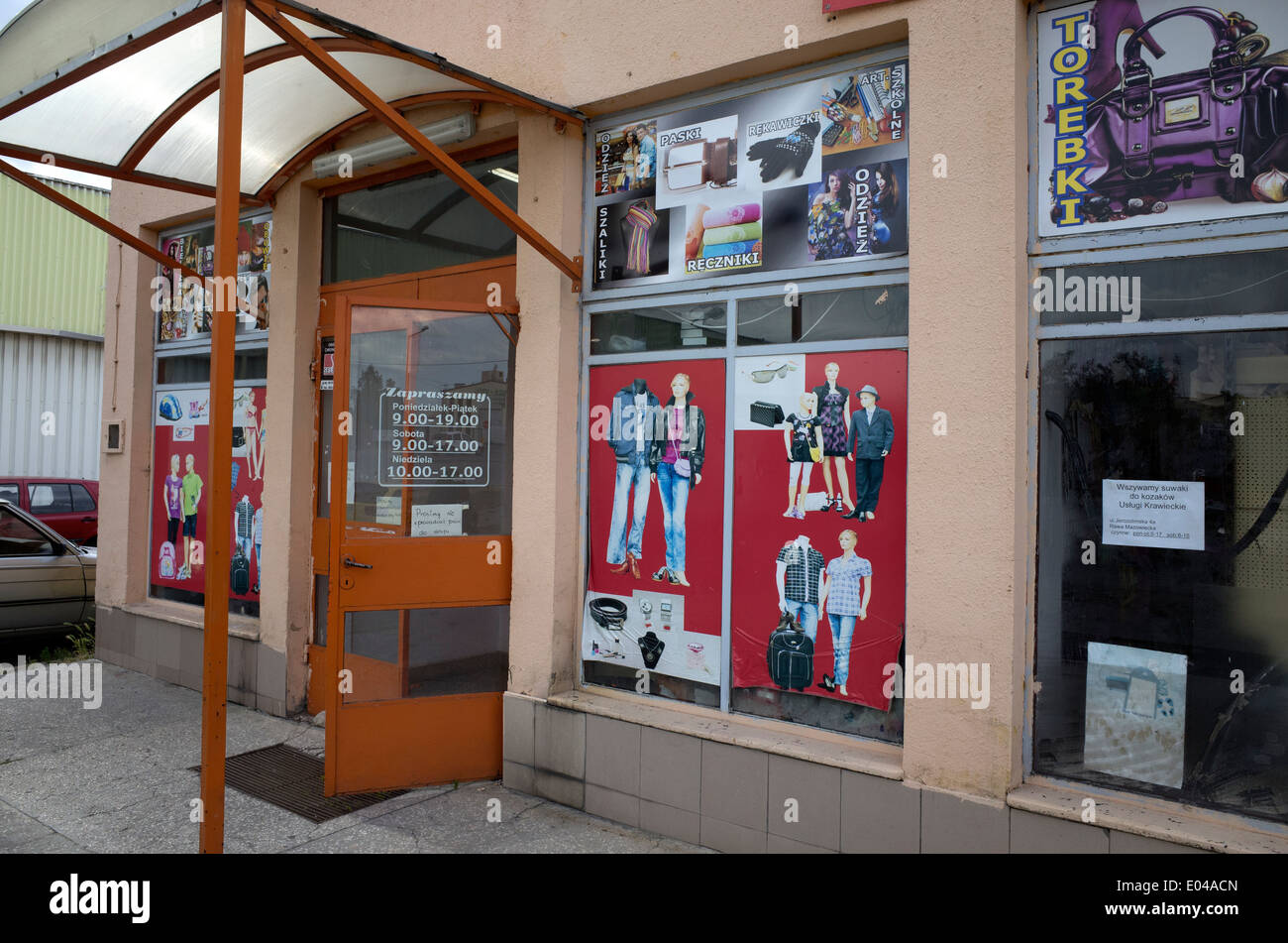 Entrance to the fun Chinese clothing and accessory store - Chinskie Centrum Handlowe. Rawa Mazowiecka Central Poland Stock Photo