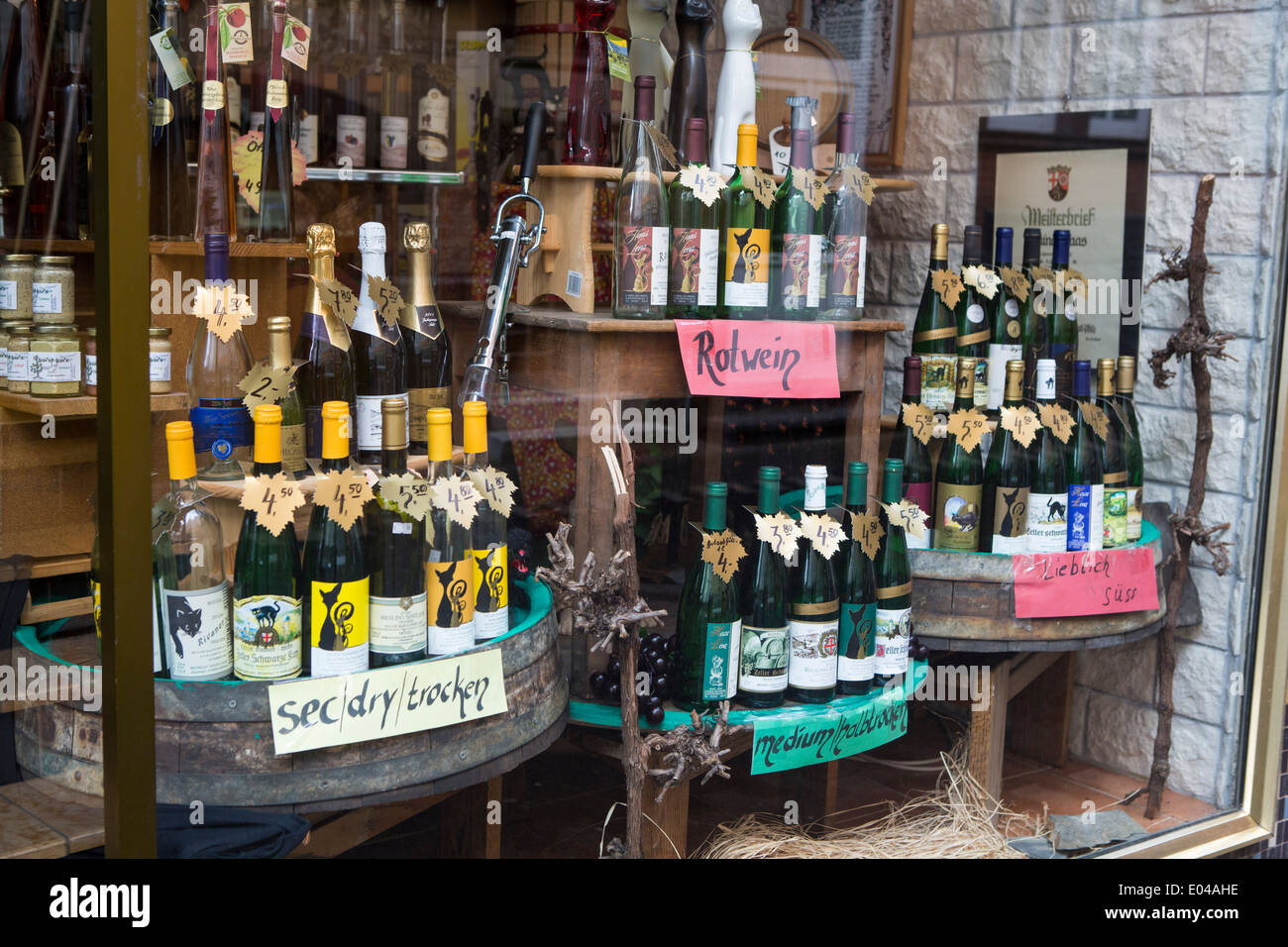 A collection of German local wines with Zeller Black Cat for sale in Zell  am Mosel at specialized shop Stock Photo - Alamy