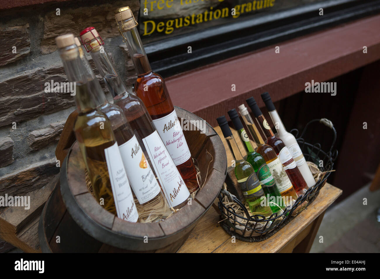 A collection of local liqueur and wines for sale in Zell am Mosel at specialized  shop Stock Photo