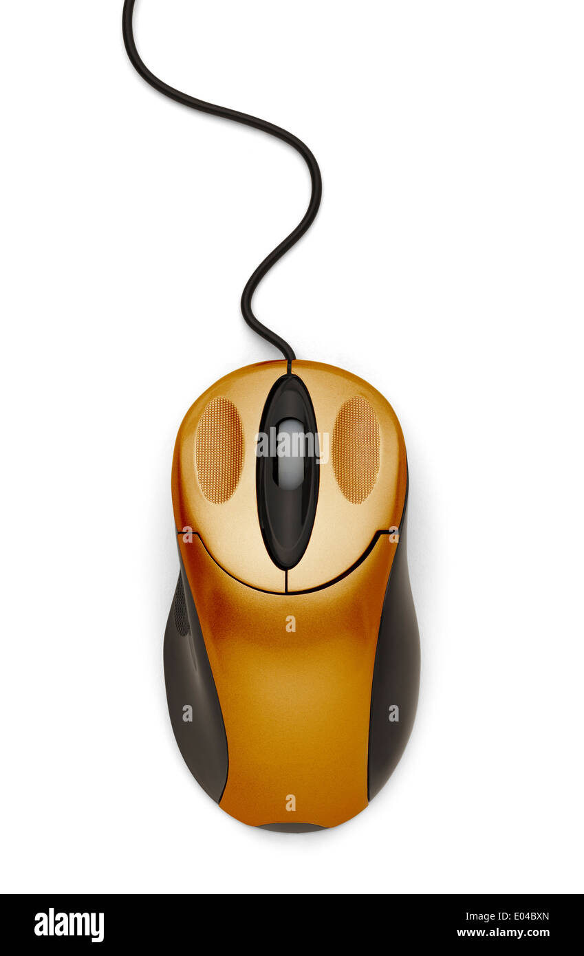 Gold Computer Mouse With Cord Isolated on White Background Stock Photo