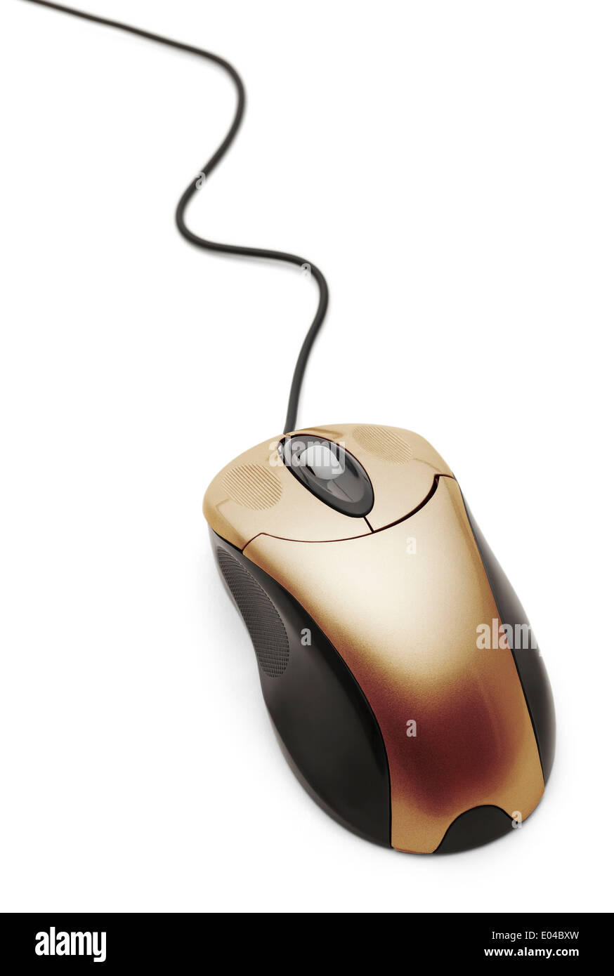 Gold Computer Mouse With Cord Isolated on White Background. Stock Photo
