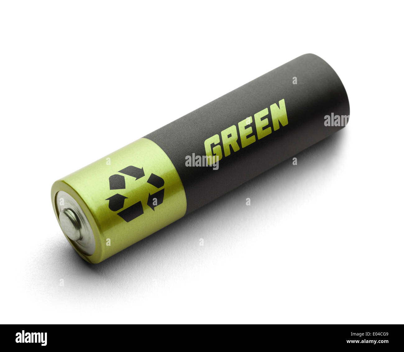 Battery with recycle symbol and Green on it Isolated on a White Background. Stock Photo