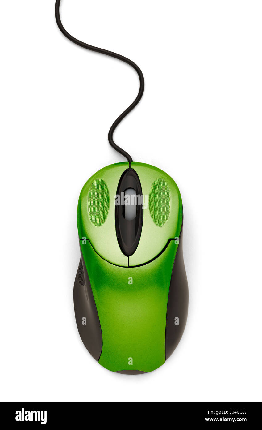 Green Computer Mouse with Cord Isolated on White Background. Stock Photo