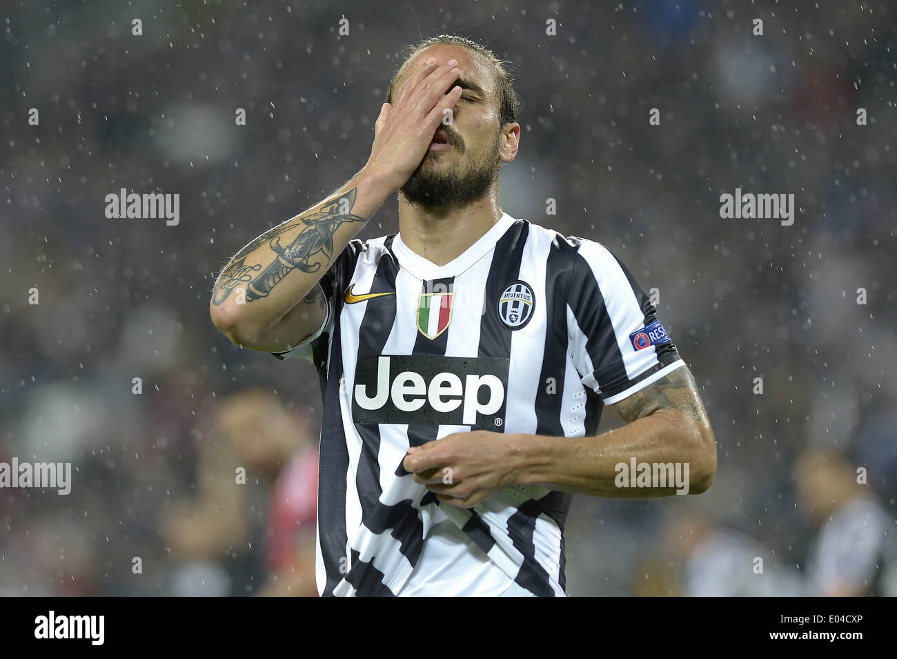 Turin, Italy. 1st May, 2014. Pablo Osvaldo of Juventus reacts during the semifinal match against Benfica at the 2013/2014 UEFA Europa League in Turin, Italy, May 1, 2014. The match ended with a 0-0 tie and Benfica qualified to final with 2-1 on aggregate. Credit:  Alberto Lingria/Xinhua/Alamy Live News Stock Photo
