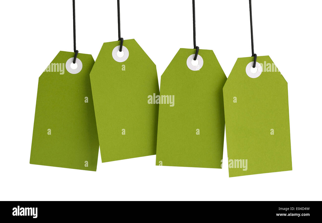 Four large Green Tags with Copy Space Isolated on White Background. Stock Photo