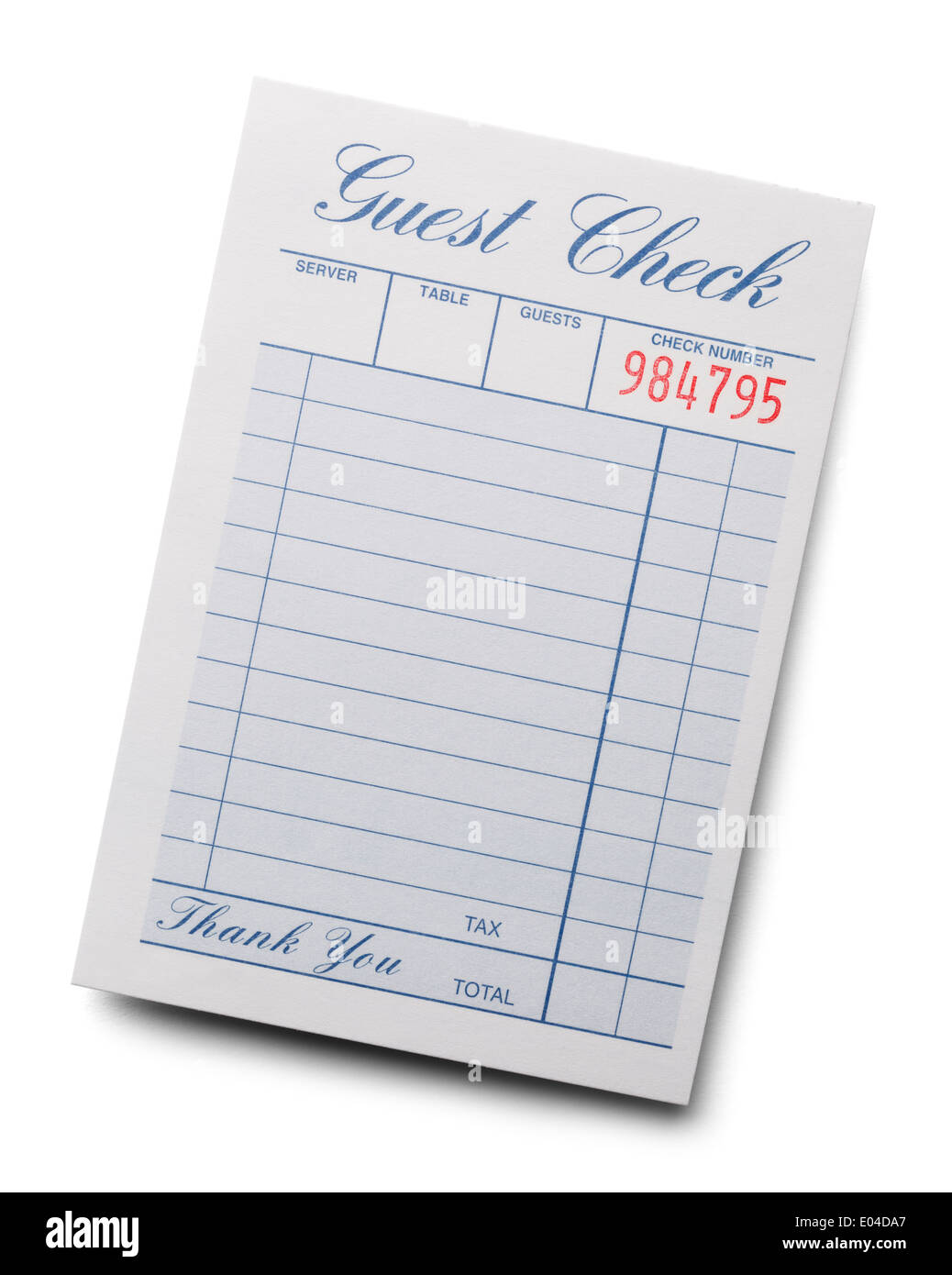 Blue and White Resturant Receipt Check Isolated on a White Background. Stock Photo