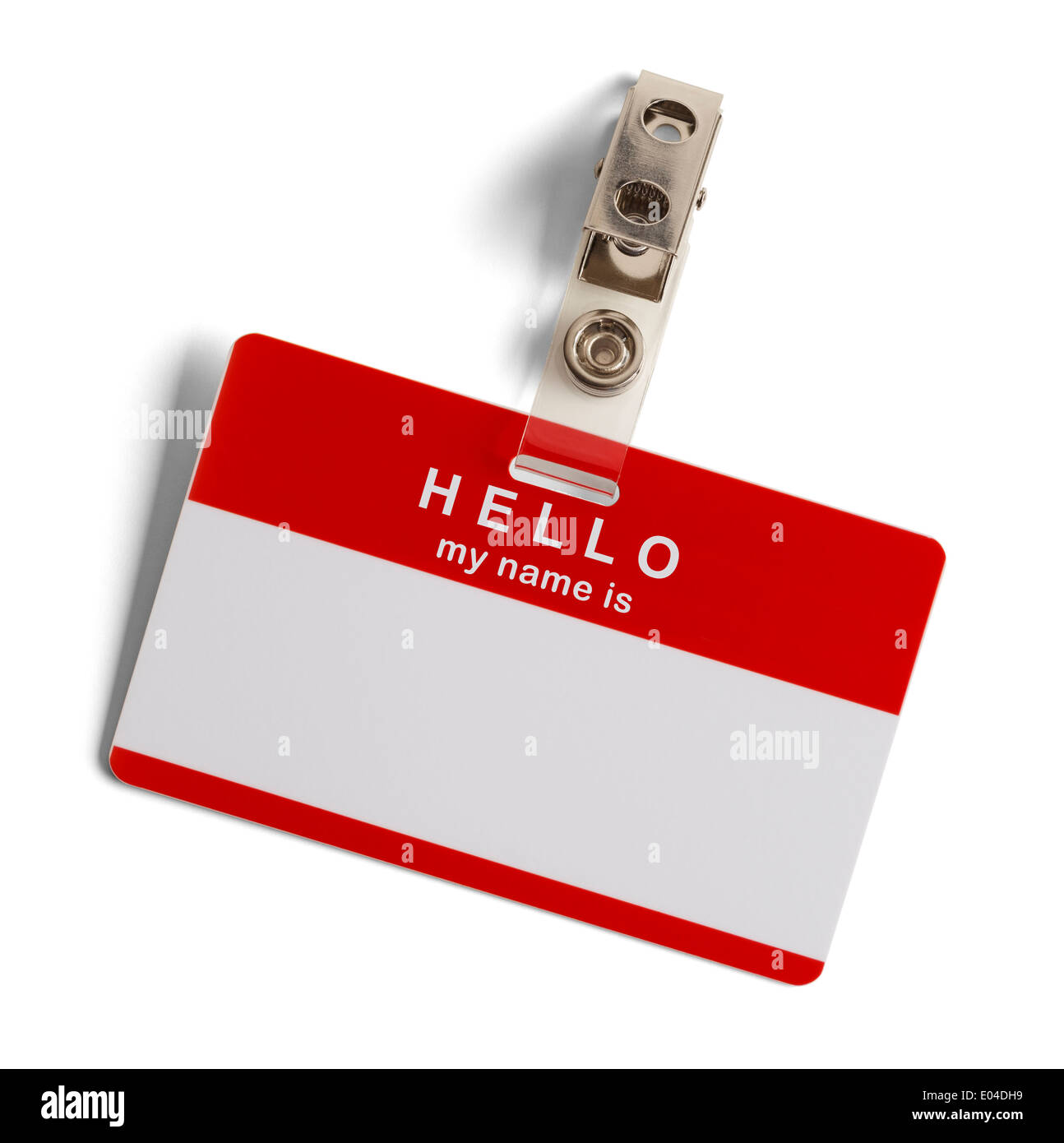Red and White Plastic Name Tag with Hello My Name Is Isolated on White Background. Stock Photo