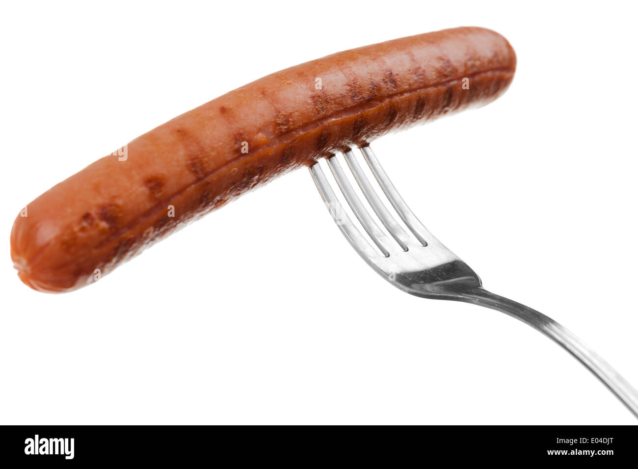 a delicious sausage on a fork over white Stock Photo