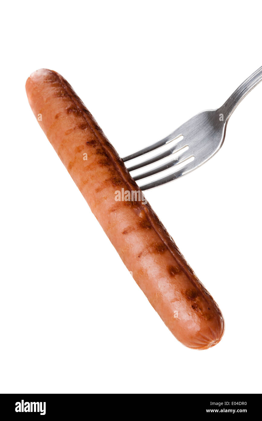 a delicious sausage on a fork over white Stock Photo