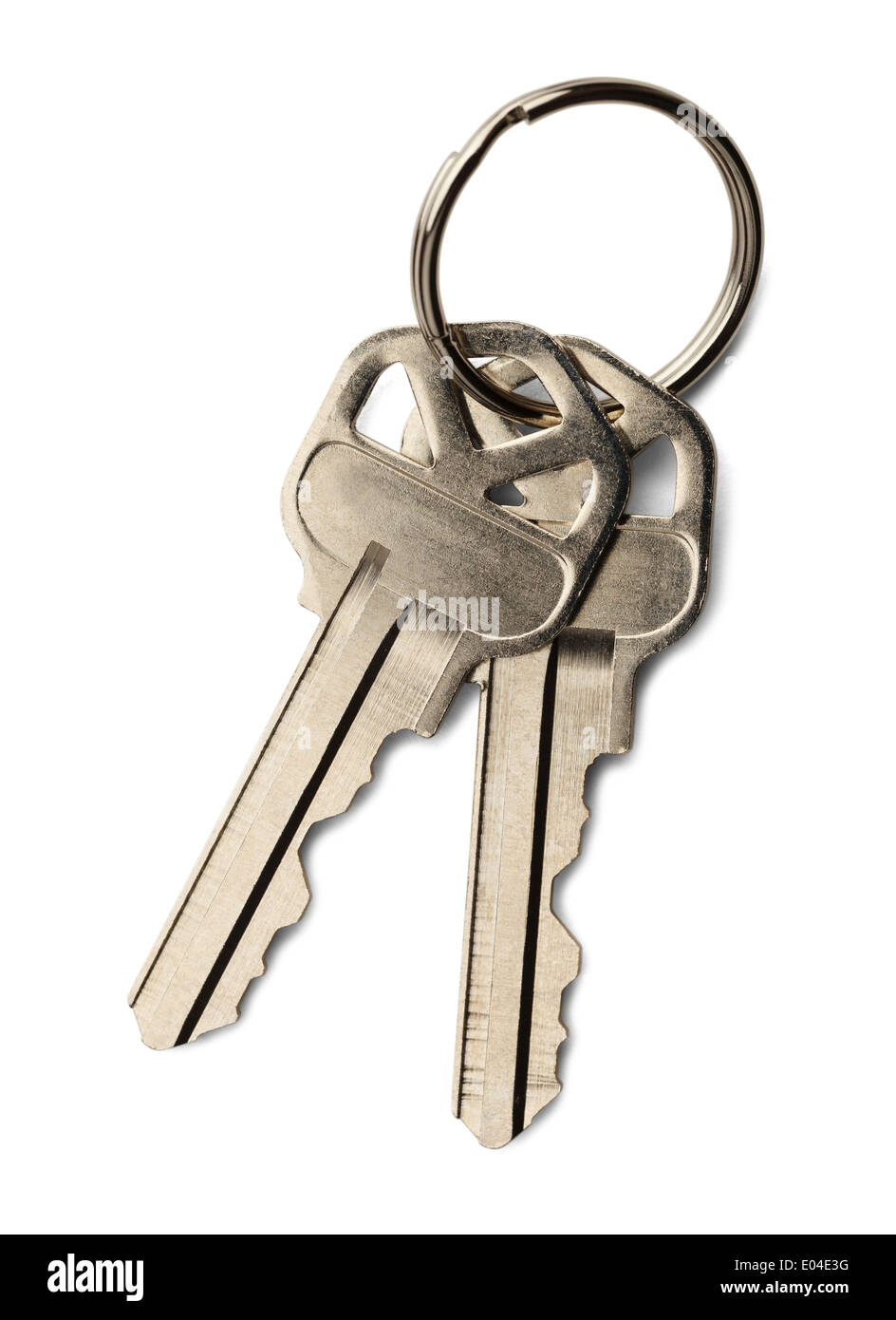 Two house keys on a key ring isolated on a white background. Stock Photo